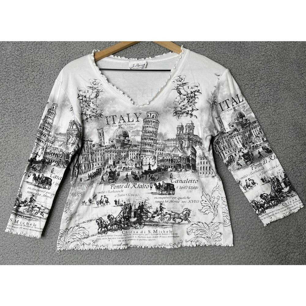 L. Marco Top Medium Italy City Art to WearRhinestone Ruffle V-Neck Shirt White